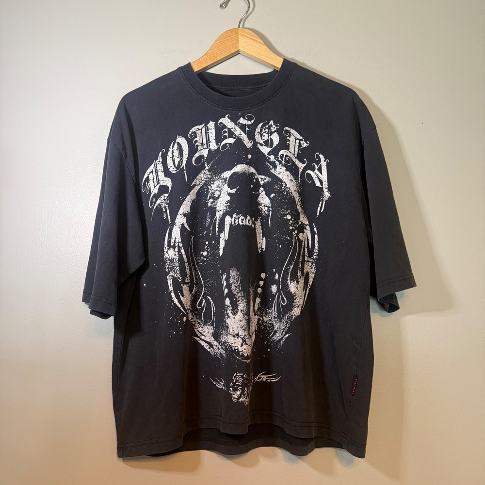 YoungLA Iron Tech Oversized Graphic Tee Washed Black Distressed Bear Shirt L